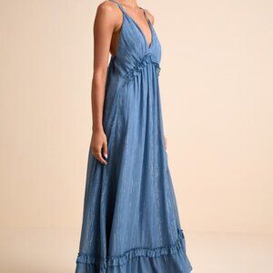 Lulus Massiel Blue Lurex Ruffled Maxi Dress - Size S